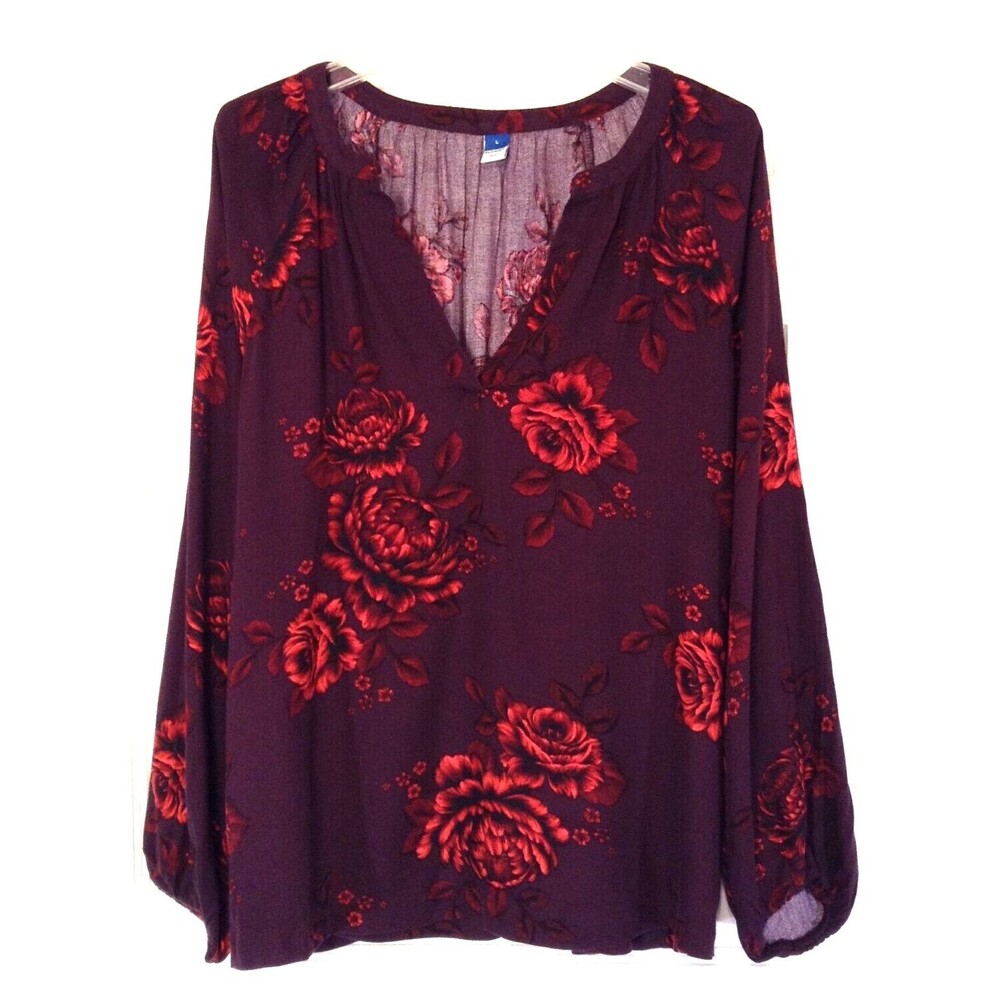 Vtg Old Navy Blouse Wn L Burgundy Dark Floral Fairy Goth Romantic Vamp Top Y2K